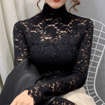 하이넥블라우스 셔츠 레이스 안감 바닥 메쉬 레이스 한 탑 긴팔 한 옷