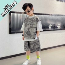 [랑구랑구] 남아 반바지 상하복 코디세트 주니어 초등남아 루즈핏 페이즐리 나시티 반바지 라운드티 3종세트