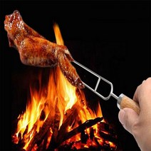비어캔치킨 3PCS Roasting sign Wooden handle barbecue Stainless steel grilling U fork Grilled chicken wing