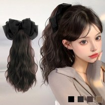 포니테일가발 집게형가발 쉬폰리본헤어핀 대왕리본핀 세트, 밝은갈색