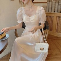 셀프 웨딩촬영 드레스 플러스 밝은 여성용 퍼프 소매 여름 슬림 웨이스트 이브닝 실크 스퀘어넥 사이즈 보우 미디