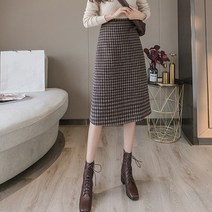 DINDIN A라인 체크 미디 모직 스커트 EY03