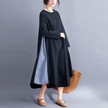 [실버캣] 여성 빅사이즈 옆면 배색 톤 시크한 블랙 롱 원피스