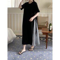 비즈로그인 배색 주름 롱원피스