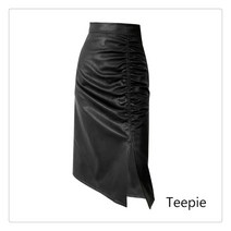 티피/Teepie 미드 렝스 개더 블랙 가죽 스커트