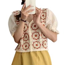 여성 프랑스 퍼프 짧은 슬리브 크롭 탑 빈티지 크로 셰 뜨개질 자수 화려한 꽃 무늬 격자 무늬 카디건 버튼 V- 넥 스웨터