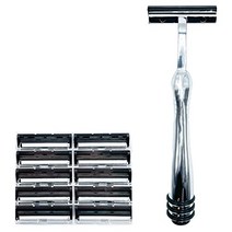 Taconic Shave의 헤비급 올메탈 Trac 2(Trac II) 호환 비회전식 트윈 블레이드 카트리지 면도기 – 크롬 손잡이가 있는 면도 면도기 – Taconic Shave 카트리지 블레이드 10개 포함