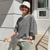 [조아맘] 라운드 스트라이프 5부 맨투맨 티