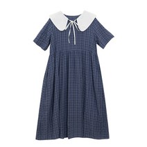 여름 여자 둥근카라 체크 롱 원피스 귀여운 오버핏 루즈핏 드레스 a3