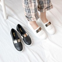 4cm 여성 슬립온 태슬 사각장식 은색 통굽 운동화