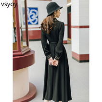 vsyoy 2023 봄과 가을 새로운 프랑스 레트로 블랙 긴 소매 드레스 기질 허리 헵번 스타일 스키니 롱 드레스 여성