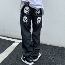 데님긴바지 emo men black streetwear 힙합 해골 고딕 스트레이트 와이드 레그 카고 바지 y2k alt 하라주쿠 헐렁한 로우라이즈 청바지 옷