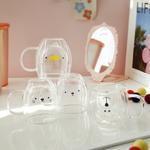 손잡이 곰돌이 유리컵 플랫화이트잔 이중내열유리컵, 오리