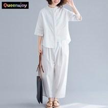 퀸앤조이 젠틀 스트라이프 린넨 상하의 투피스 세트***판매자 SSK무역***