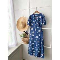 [천삼백케이] [코지23] 여자 페미닌 데일리 데이지 패턴 랩 린넨 롱원피스