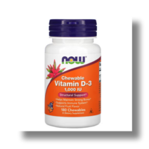 NOW Foods(나우푸드) 츄어블 비타민D-3 천연 과일 맛 1 000IU 츄어블 180정, 1PKG, 상세참조