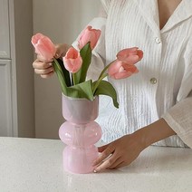 유알티홈 유리 미드센추리 컬러 빈티지 오브제 잘록 화병 튤립 꽃병 5종, 반투명-핑크
