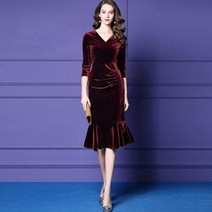 L.HOUSE STORE여성 벨벳 원피스 브이넥 슬림핏 드레스 프릴 plu64 원피스 롱원피스 하객룩 하객원피스