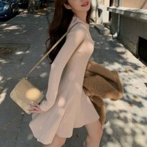 슬림 여성스러운 플레어 니트 넥라운드 미니 원피스 08912ea