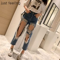 just feel!ng 가을 여성용 찢청 하이웨이스트 청바지 빅사이즈 슬림핏 캐릭터 8부 데님 바지