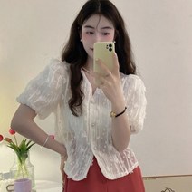 데이트룩 블라우스 브라우스 해외여행여름옷 봄 기본 하객룩 부드러운 OL 얼짱 빈티지 퍼프 소매 프렌치 프린트 셔츠 세련된 올 매치 기질 여름 스위트 신제품