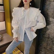 어깨뽕 프릴 화이트 쉬폰 블라우스 하객룩 봄신상H09