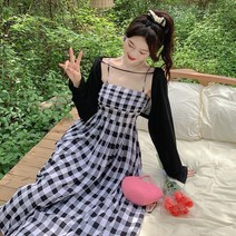 여름 빅사이즈 허리 조임 날씬해 보이는 원피스 여 자외선 차단 케이프 나시 셔링 스몰 블랙 스커트