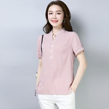 vaviola 바비올라 여성 반팔블라우스 브이넥 린넨셔츠 스트라이프 차이나카라 - 405