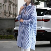 여성 폴리 블루 세로 스트라이프 롱 셔츠 블라우스 2 S6 남방 여자 박스 오버핏 루즈핏 원피스