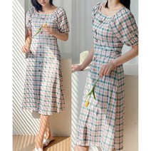 밴딩 소매 체크 패턴 롱 원피스(2color)