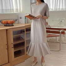 그린섬 ﻿밑단 플레어 라운드넥 루즈핏 반팔 여성 롱 원피스 국내생산