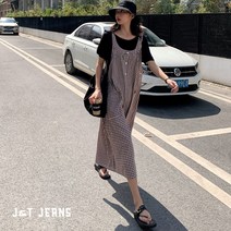 제이앤티 와이드 빈티지 체크 점프슈트