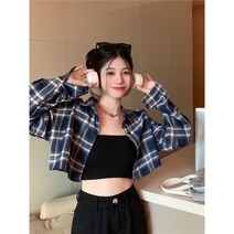 빅사이즈 체크 긴팔 셔츠 상의 여 봄 루즈핏 쇼트 셔츠