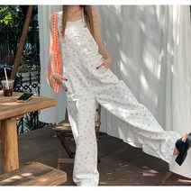 플라워 포인트 멜빵 와이드 팬츠