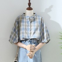 여름 체크 무늬 작은 스탠드 카라 반팔 셔츠 블라우스 2색상