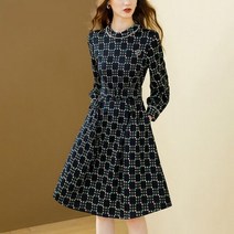 도트 여자정장원피스 베이지원피스 우아한 플레어원피스 EVNISI 프린트 자수 플레어 드레스 긴 소매 진주 O-넥 허리 파티 사무실 레이디 가을 148539