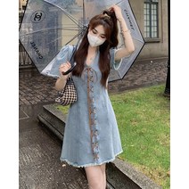 DFMEI 앤티크 스트랩 데님 스커트 핫걸 날씬해 보이는 퍼프 소매 미디 원피스
