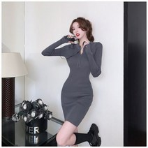 결혼식하객룩 숙녀복 빅사이즈냉장고원피스 여성용 유럽 및 미국 기질 지퍼 하프 하이 칼라 뜨개질 짧은 치마 새로운 스타일 블루 긴 소매 드레스 봄 2023