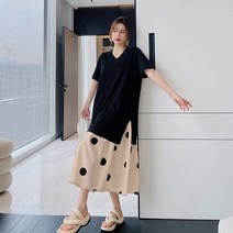 요모조모 1702 브이넥 반팔 롱 도트 원피스