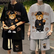 M~5XL 남성 곰돌이 반팔 티셔츠 반바지 상하세트 캐릭터 와플 트레이닝세트 빅사이즈 운동복 여름세트