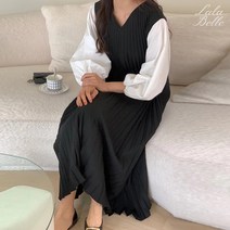 라라벨 여성용 원피스 베이니즈 브이넥 플리츠 주름 퍼프 롱 원피스