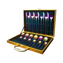 캠핑수저 스테인리스 스틸 식기 골드 나이프 포크 럭셔리 커트레이 선물 주방용 24 개, 19.Rainbow Add box