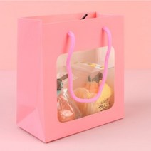 투명 창 손잡이 컬러 무지 쇼핑백 선물 봉투 포장 백 종이 가방 답례품 생일 기념품 어린이집 답례 쿠키 수건 선물용 용품, 색상/사이즈, 핑크 - 대