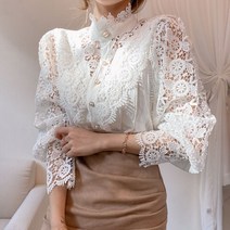 레이스 펀칭 플라워 모티브 긴팔 차이나 셔츠 xian425