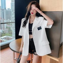 Momolatti 여성용 캐주얼 핏 루즈핏 반팔 카라 무지 시폰 자켓