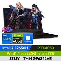 [사은품 증정!] MSI THIN GF63 12VE i7 가성비 고사양 배그 롤 오버워치 로아 발로란트 12세대 15인치 게이밍 노트북 (코어i7-12650H/RTX4050), 블랙, 코어i7, 1TB, 32GB, 윈도우 포함