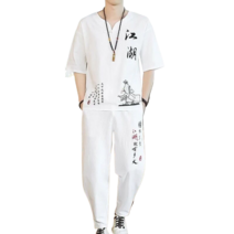 남자 린넨 바지 상하의세트 면 마 생활 소재 삼베 퓨전 여름 강호 자수 YD 뉴타임즈 H682Y452, 7XL, 화이트