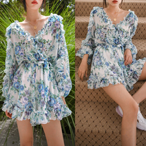 여성스러운 깊은 브이넥 플라워 쉬폰 프릴 러플 점프수트 롬퍼 명품스타일 미니원피스