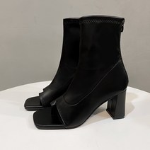 7.5cm 힐 여성 가을 부츠 스퀘어 헤드 핀치 오픈 토우 쿨 부츠 리어 지퍼 두꺼운 뒤꿈치 하이힐 숏부츠