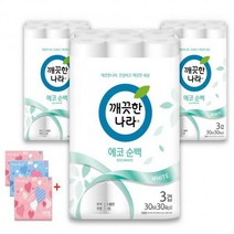 깨끗한나라 3겹 데코 에코 순백 화장지(재생) 30m*30롤*3pack+여행용티슈 40매*3개